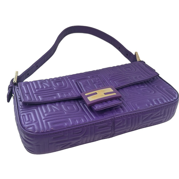 Fendi Purple Nappa Embossed Logo Leather Shoulder Baguette Bag - Picture 7 of 11